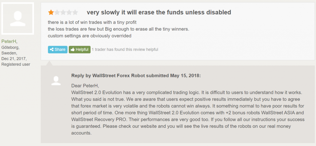 Wall Street Forex Robot customer reviews
