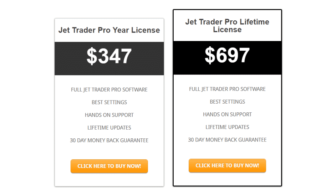 Pricing packages of Jet Trader Pro.
