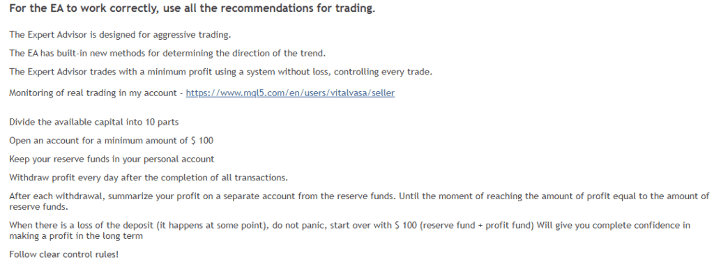 Trading details for EA Super 8 related to money management.