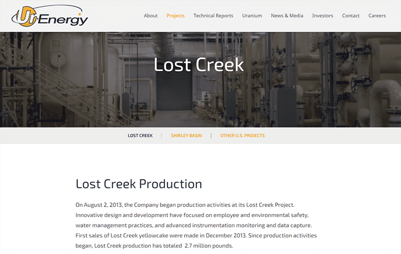 The Ur-Energy site page showcasing the company’s US projects, Lost Creek, Shirley Basin and others