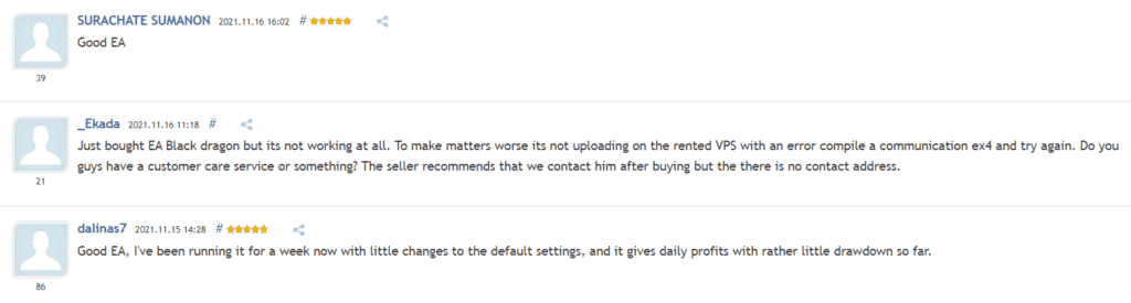 User reviews for EA Black Dragon on MQL5.