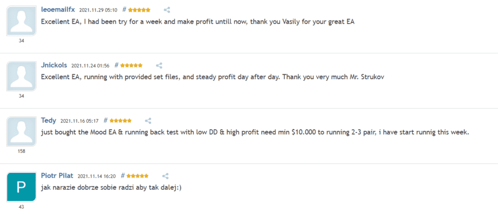 User reviews for Mood EA on MQL5.