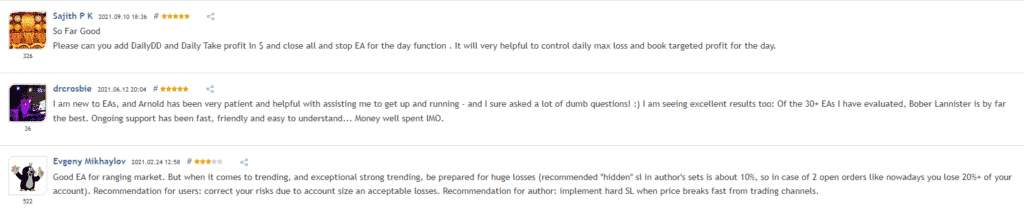 User reviews for Bober Lannister on MQL5.