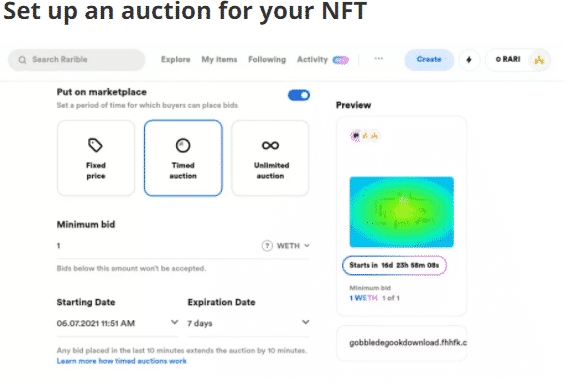 Setting NFT auction on Rarible