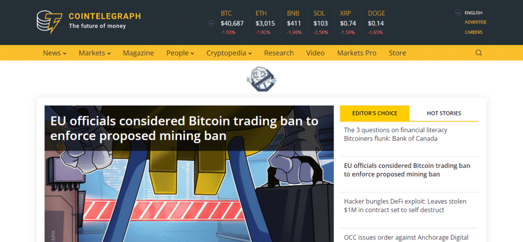 The Cointelegraph landing page.