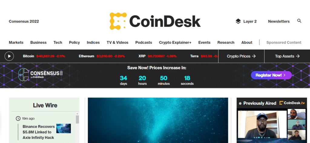 The CoinDesk landing page.