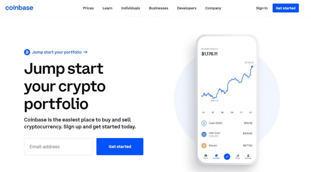 The Coinbase start page.