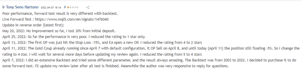 User review for Golden Coup EA on the MQL5 site.